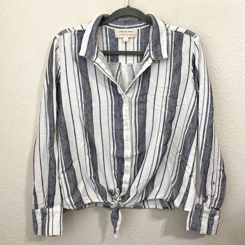 Cloth & Stone Shirt Womens Large Tie Front Striped Button Front Linen Blend